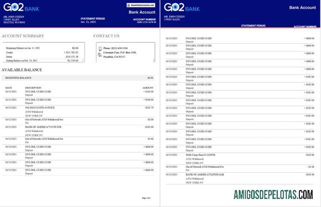Extrato bancário GO2 em branco do Reino Unido modelo Word e PDF, 2 páginas